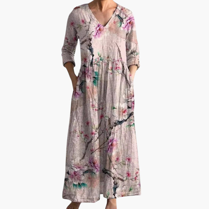 Women's flowy V-neck maxi dress with a vibrant floral pattern, ideal for beach or casual wear.