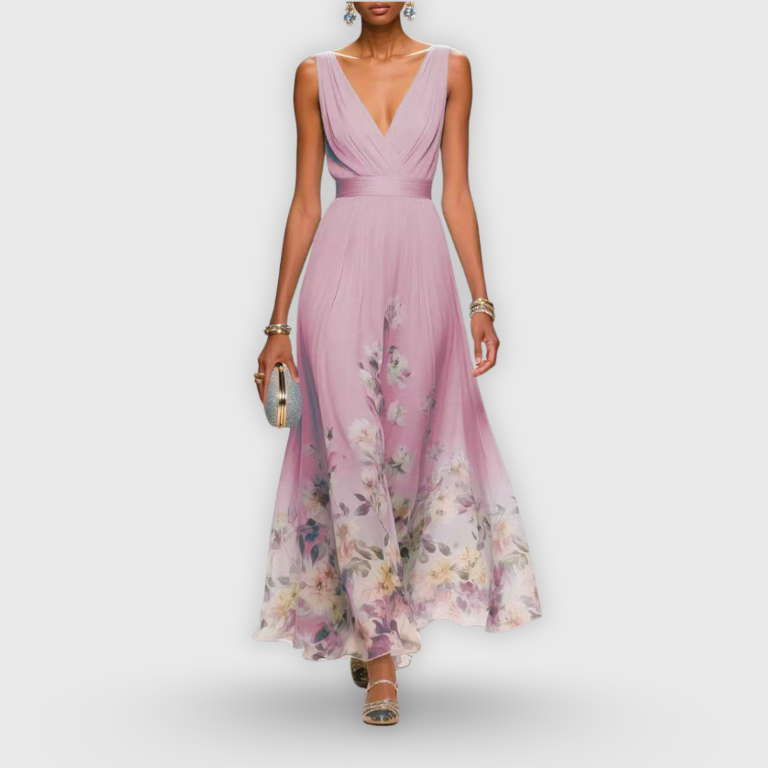Women's elegant V-neck floral print maxi dress. Ideal sleeveless formal dress for wedding guests or summer parties.