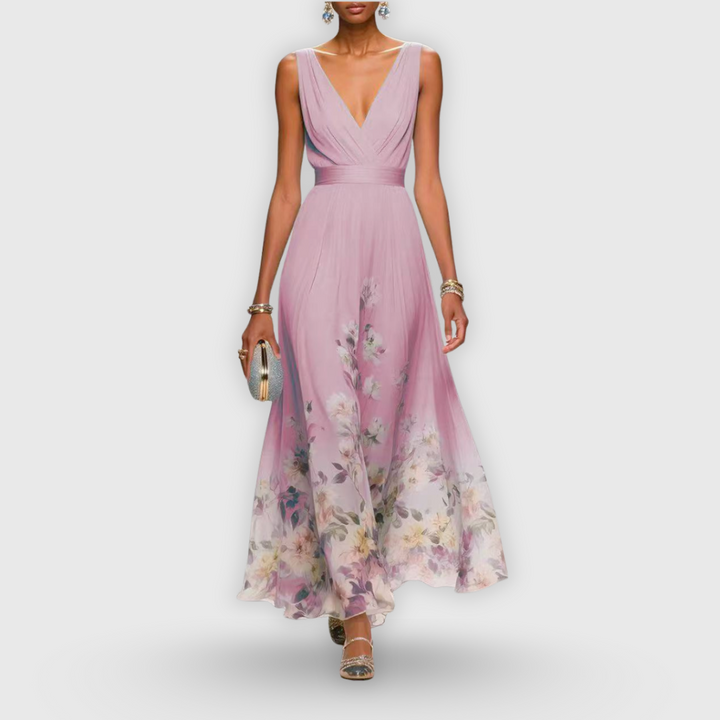 Women's elegant V-neck floral print maxi dress. Ideal sleeveless formal dress for wedding guests or summer parties.