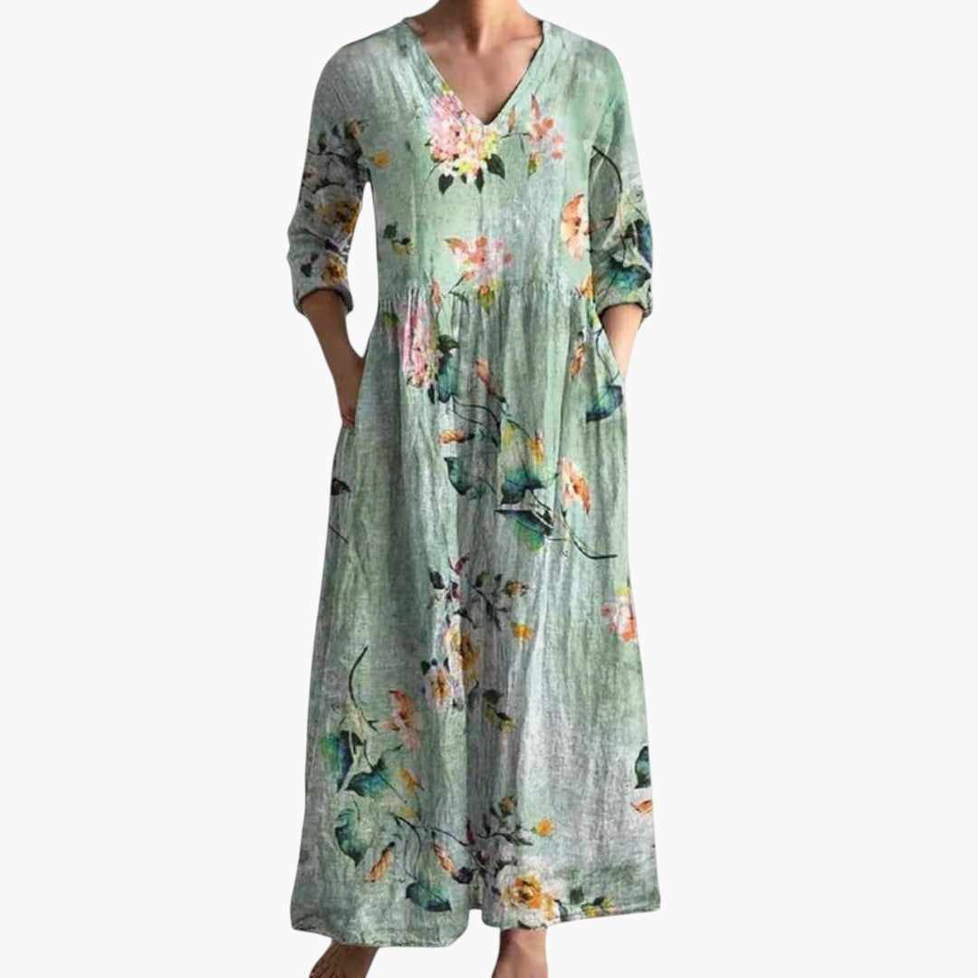 Comfortable elegant floral maxi dress, a stylish V-neck design for women's summer fashion.