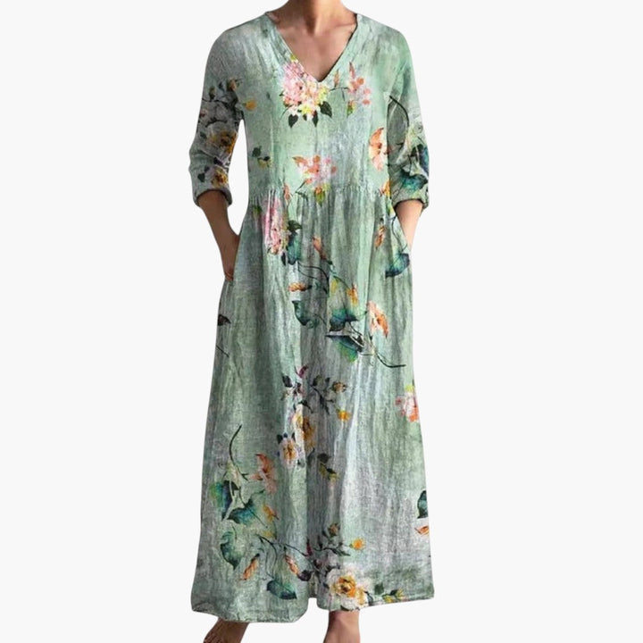 Comfortable elegant floral maxi dress, a stylish V-neck design for women's summer fashion.