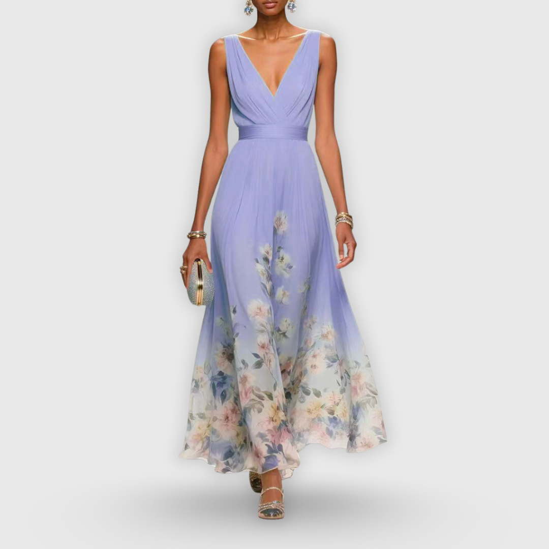 Sleeveless floral V-neck maxi dress for women, an elegant and comfortable wedding guest or summer party dress.