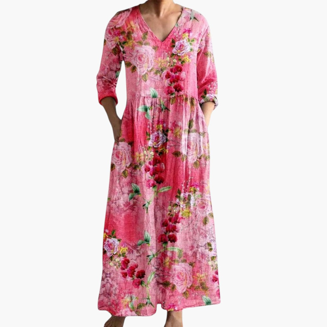 Beautiful women's floral V-neck maxi dress, a versatile piece for elegant, casual, or party wear.