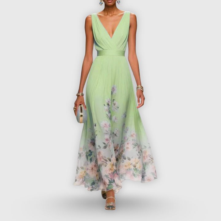 Beautiful women's floral print V-neck maxi dress. An elegant sleeveless formal dress for wedding guests and special occasions.