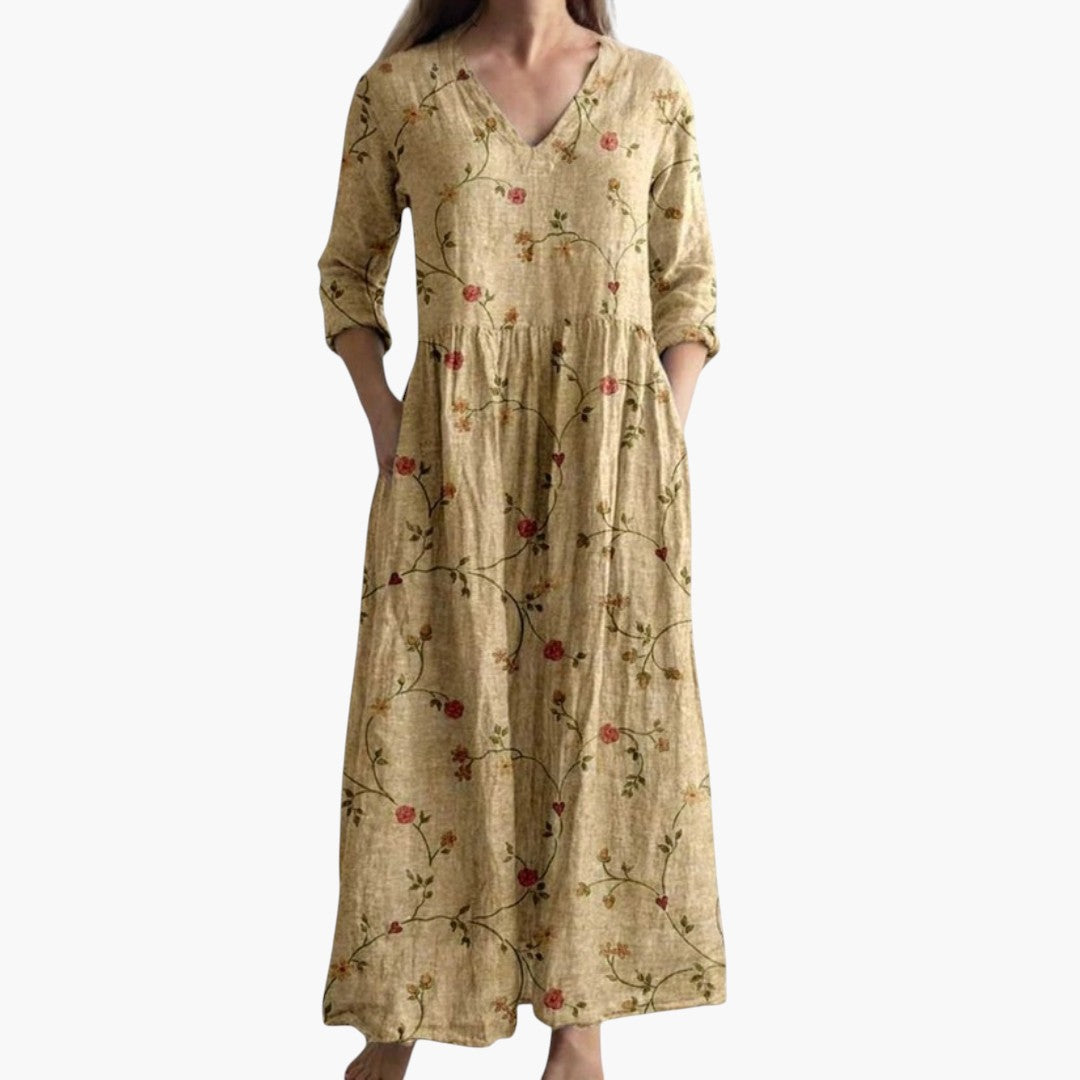 Stylish V-neck floral maxi dress for women, suitable as a summer dress or vacation outfit.