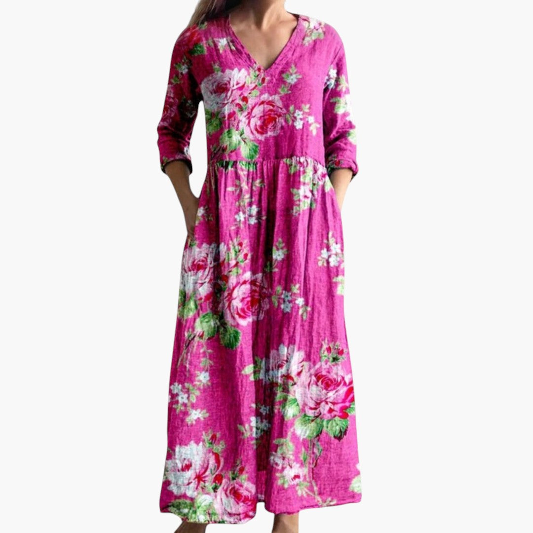 Women's elegant floral print maxi dress with a flattering V-neck, great for any summer event.