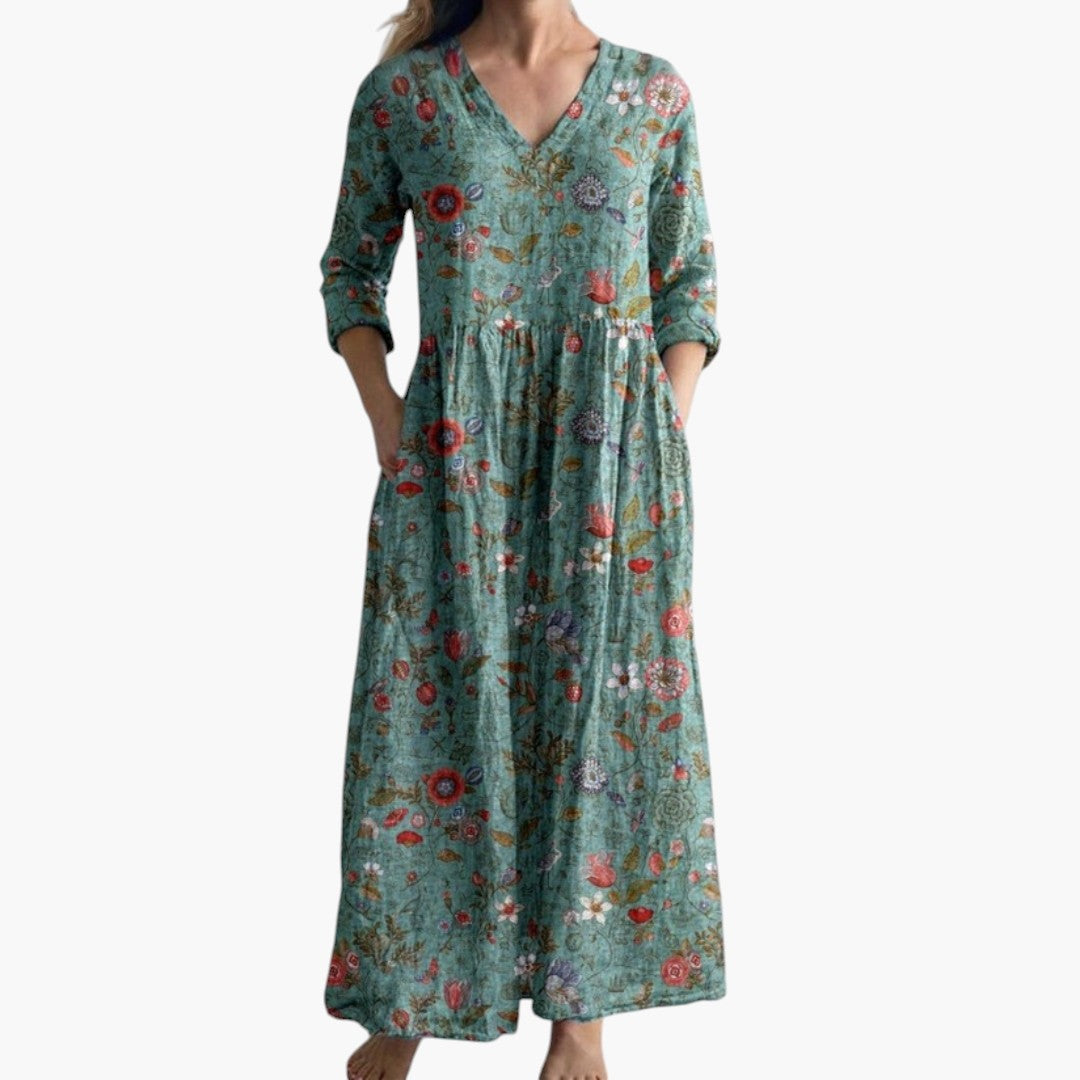 Flowy floral V-neck maxi dress for women, a comfortable and stylish option for beach or vacation.