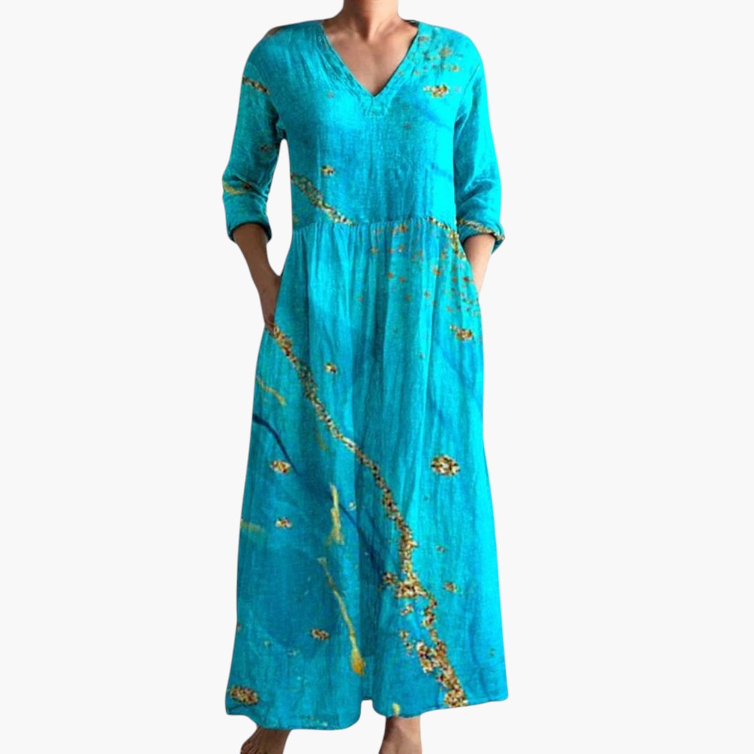 Vibrant floral V-neck maxi dress for women, a comfortable and elegant choice for summer parties.