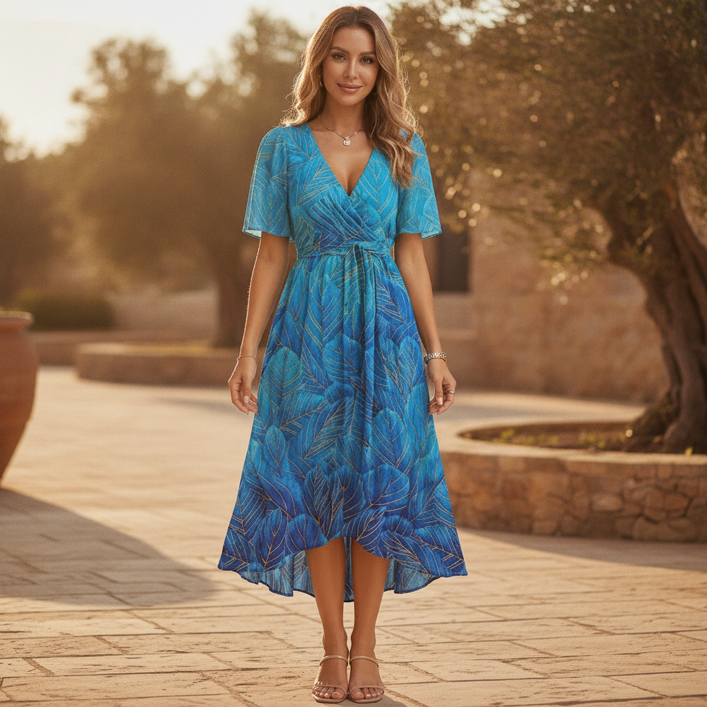 Elegant floral wrap tiered midi dress with flutter sleeves, perfect for a wedding guest or garden party.