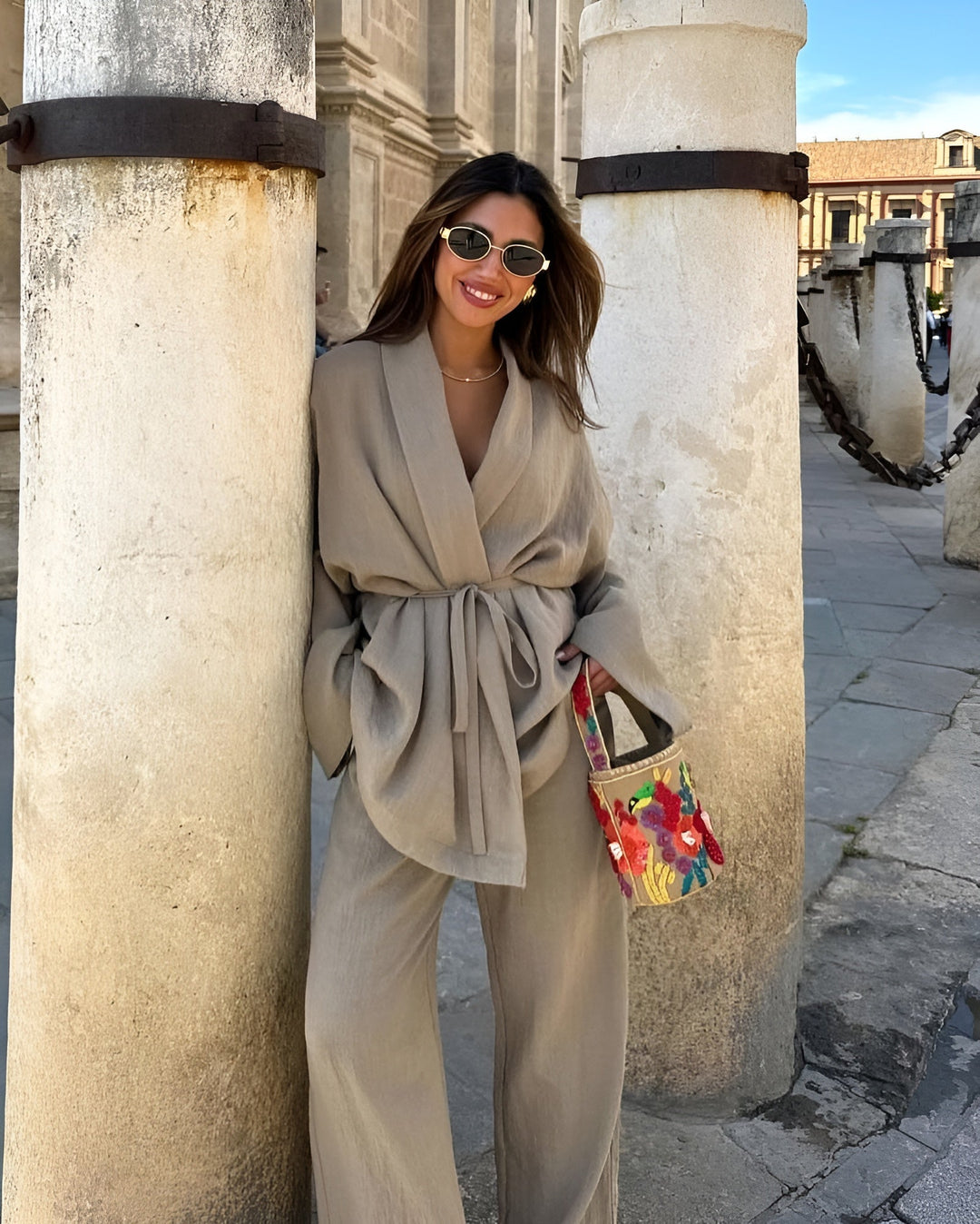 Elegant flowing khaki two-piece set for women. Perfect for effortless spring or summer style. Sophisticated matching outfit.
