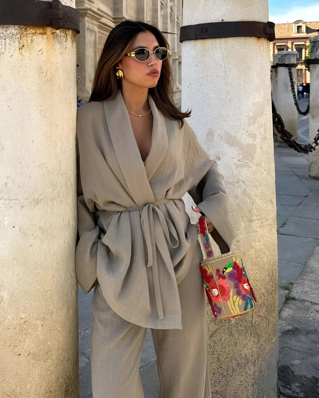 Flowy khaki two-piece set for women. Elegant & comfortable for spring, summer, or autumn wear. Effortless sophisticated style.