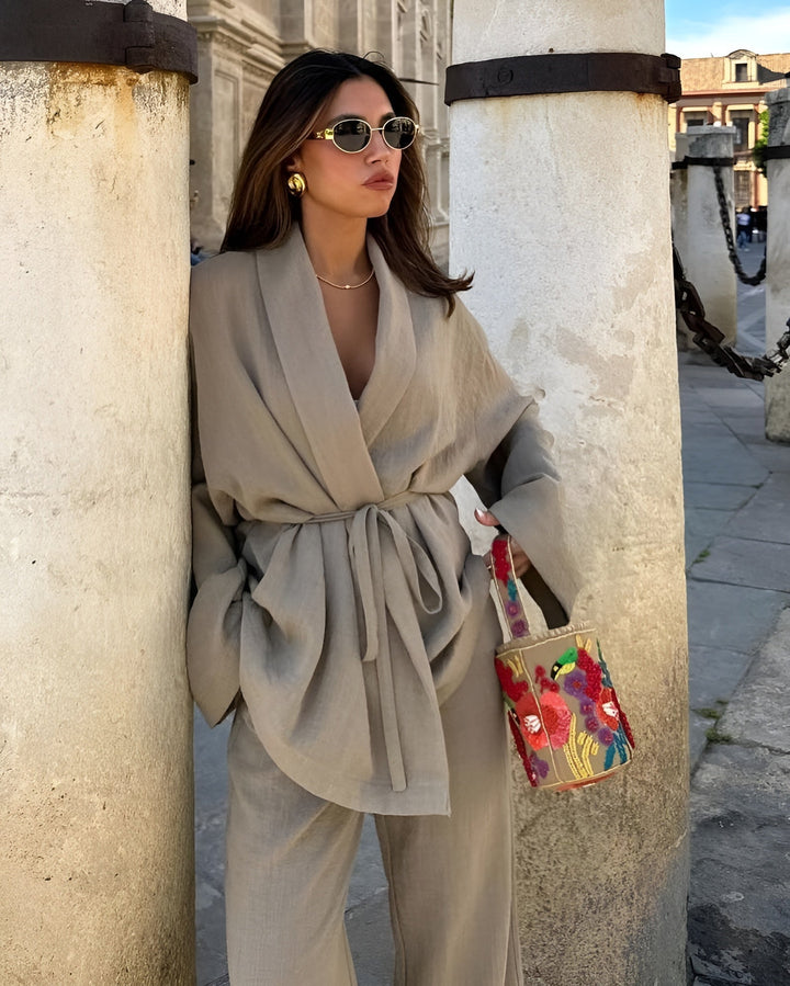 Flowy khaki two-piece set for women. Elegant & comfortable for spring, summer, or autumn wear. Effortless sophisticated style.