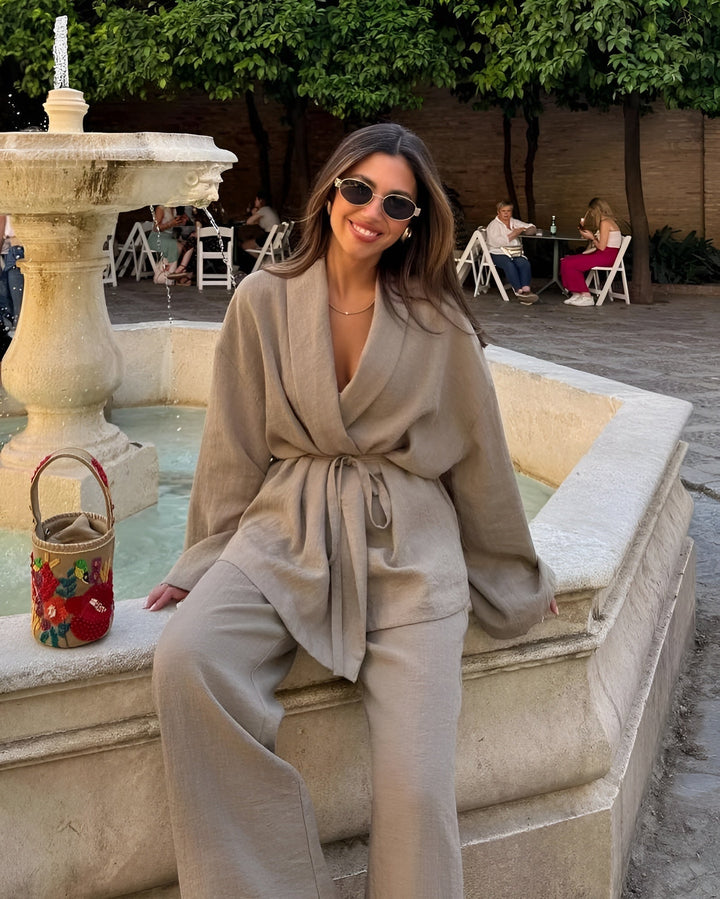 Khaki women's matching two-piece set with a flowy silhouette. Effortless casual chic for spring & summer elegant style.
