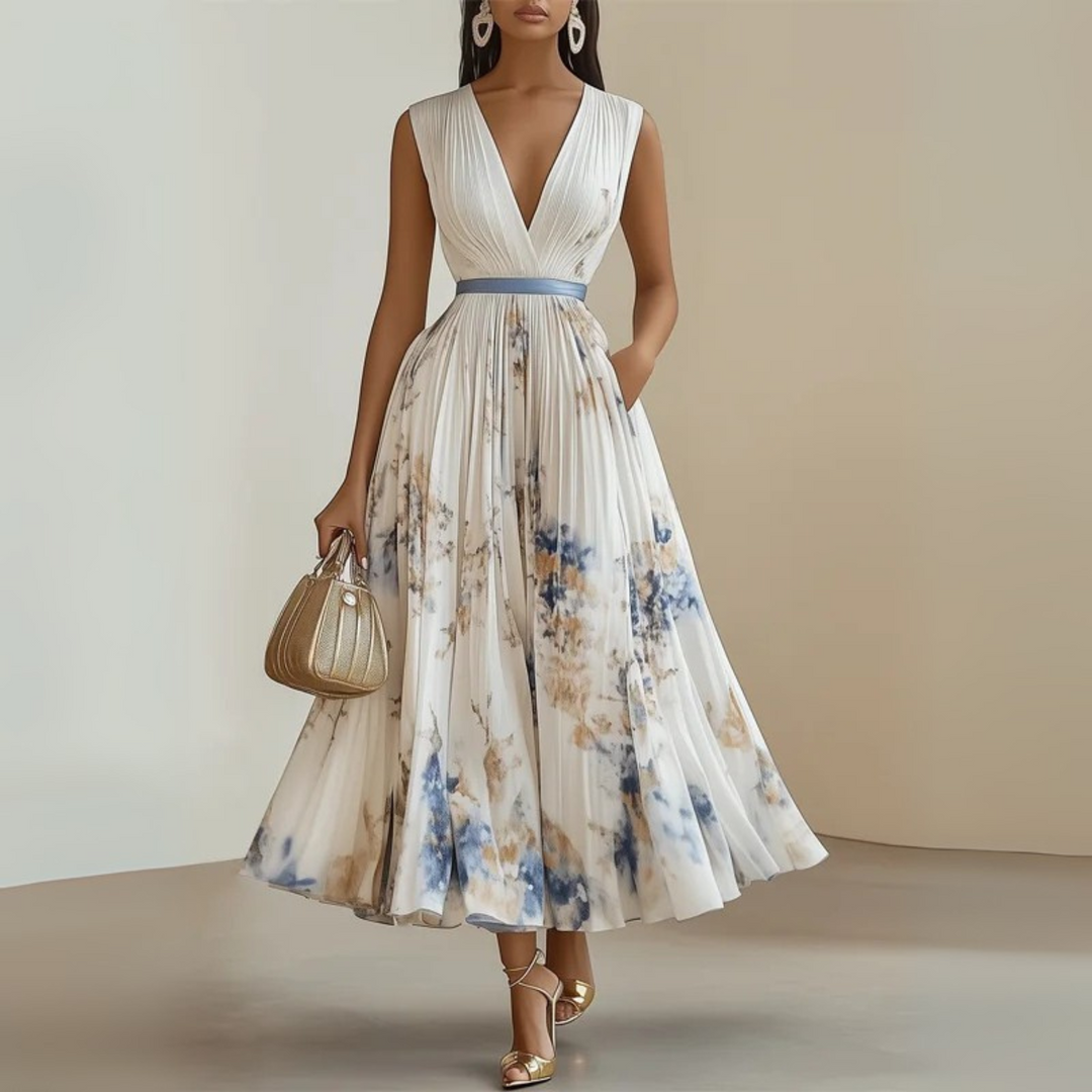 Elegant flowy V-neck maxi dress for women, perfect for summer vacations & casual wear.