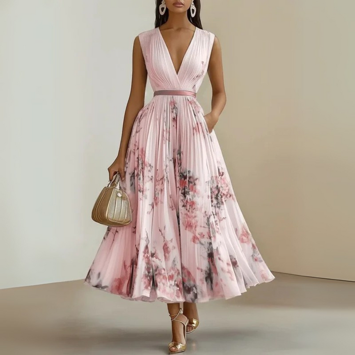 Women's V-neck sleeveless maxi dress with a flowy silhouette, great for summer parties & casual comfort.