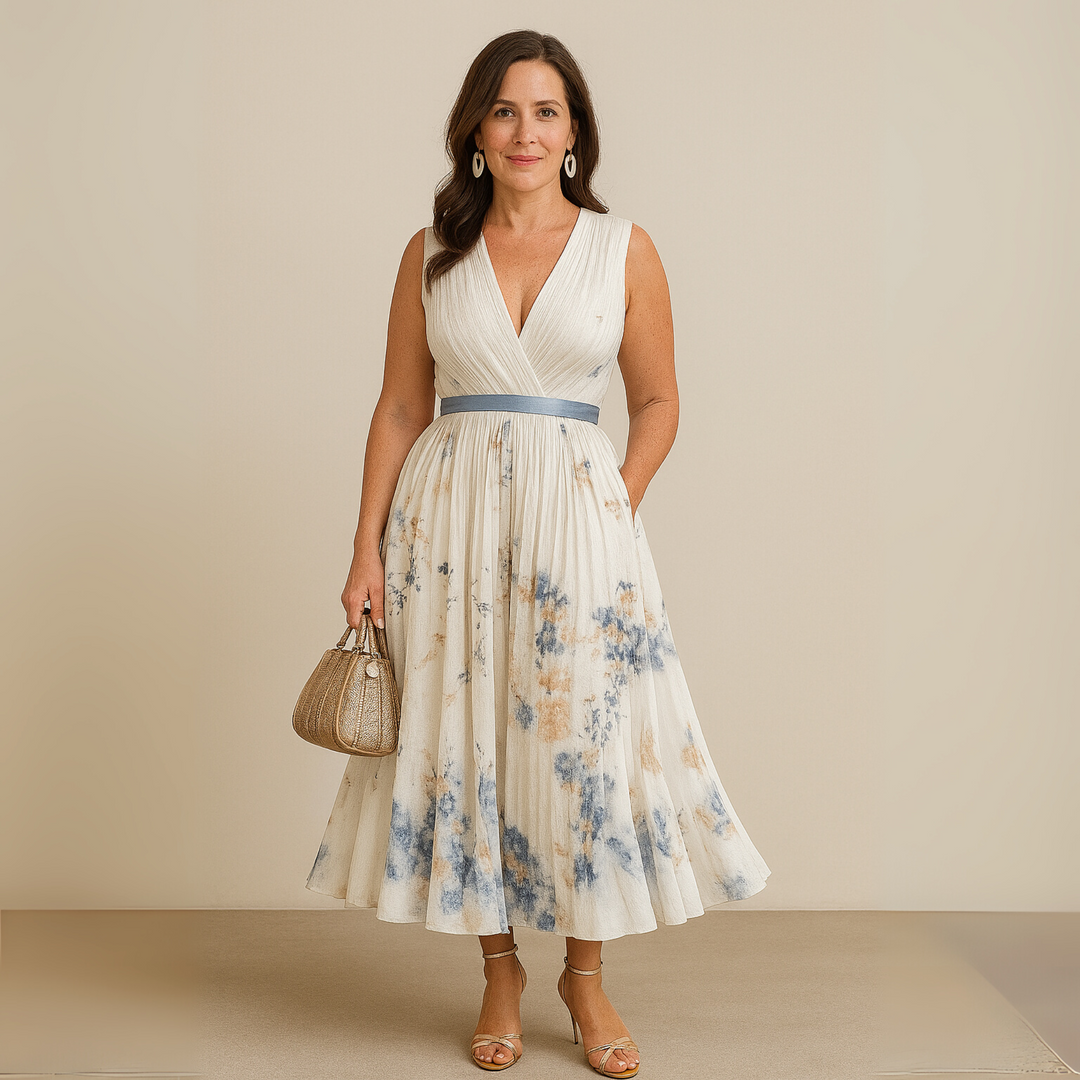 Women's sleeveless V-neck flowy maxi dress, an elegant & comfortable summer casual or party dress.