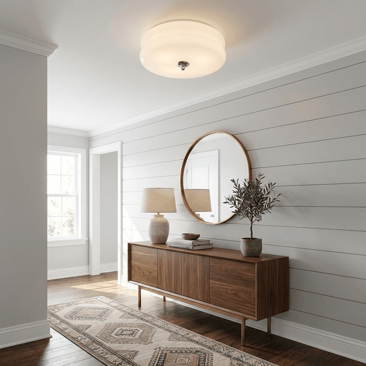 Chrome fluted glass LED ceiling light, bringing vintage charm.