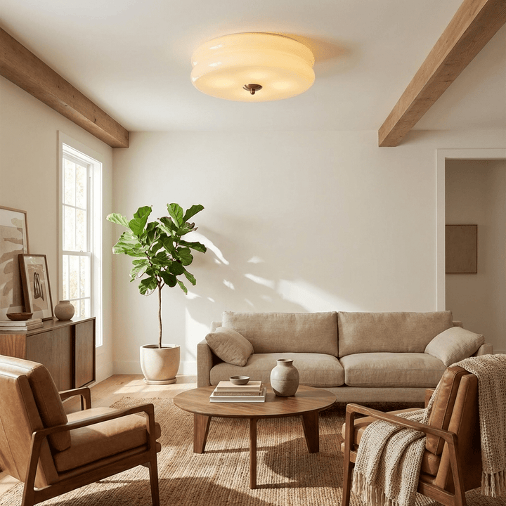 Gold finish fluted glass LED ceiling fixture, enhancing living spaces.