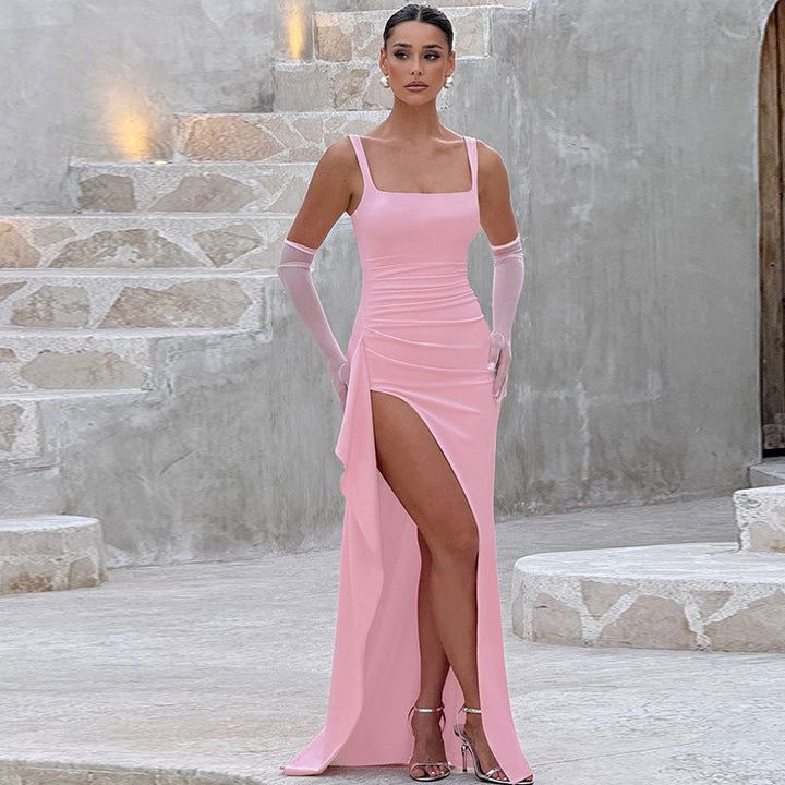 Sleek women's formal slip maxi dress with an alluring open back. A perfect elegant evening gown for parties.