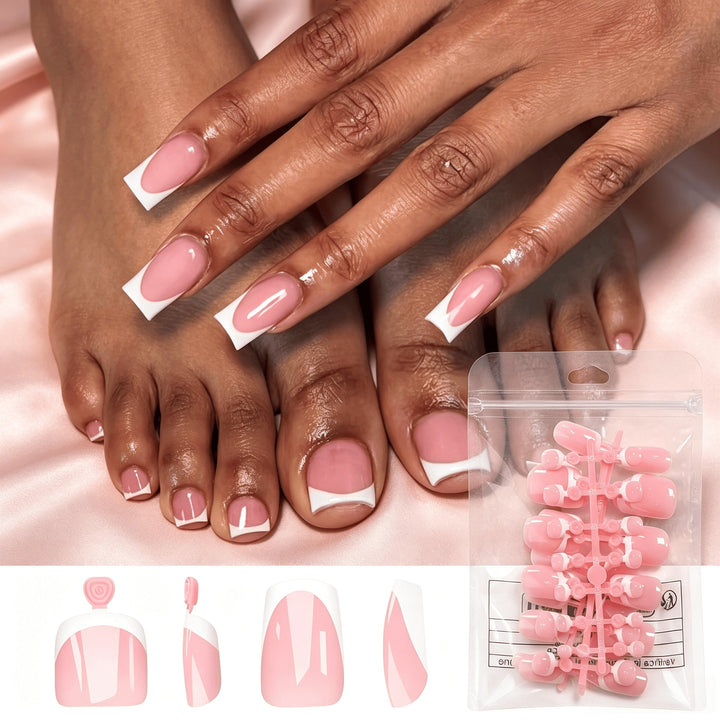 Elegant French tip press-on nails for women. Quick and easy fake manicure, perfect for instant beauty & nail art.