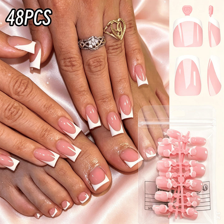 Classic French tip press-on nails, ideal for women seeking a fast, elegant fake manicure & stunning nail art.