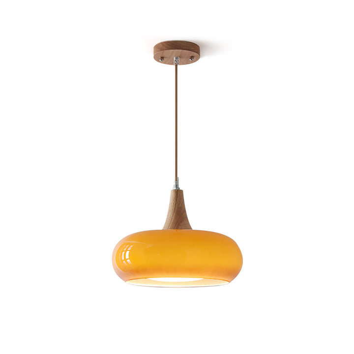 Elegant glass & wood pendant light for modern kitchen island. Stylish contemporary lighting fixture.