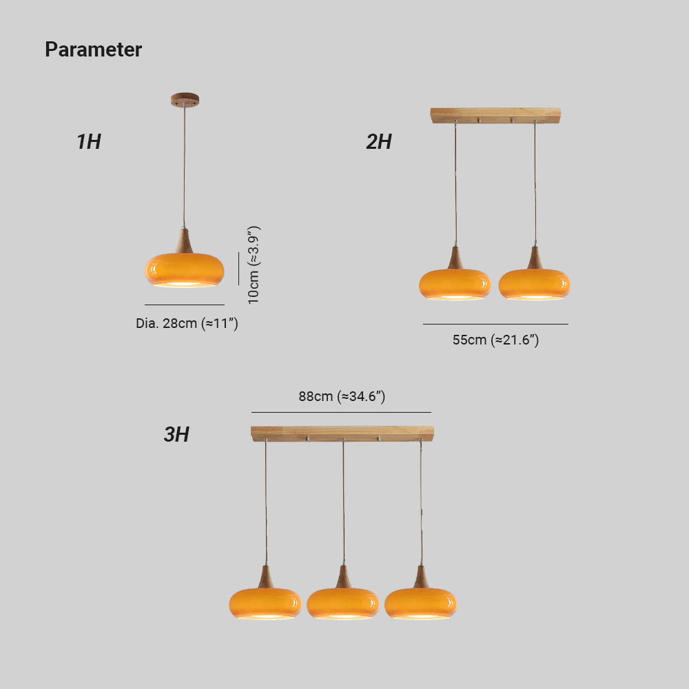 Stylish metal & glass pendant light with wood accents, ideal for a modern living room.