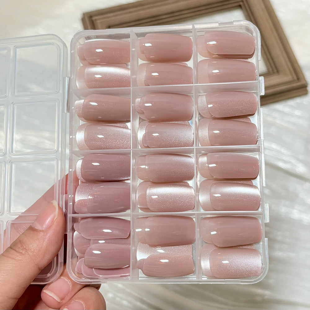 Complete set of elegant glossy women's press-on nails. Various sizes & shapes for a perfect false nail manicure.