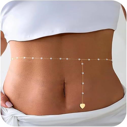 Elegant gold belly chain for women, featuring delicate pearl & heart charms. Adjustable waist jewelry, fashion accessory.