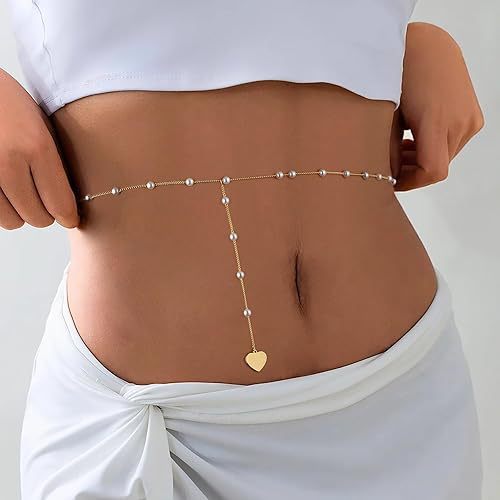Beautiful women's belly chain with gold finish, pearl, and heart charms. Elegant, adjustable body jewelry.