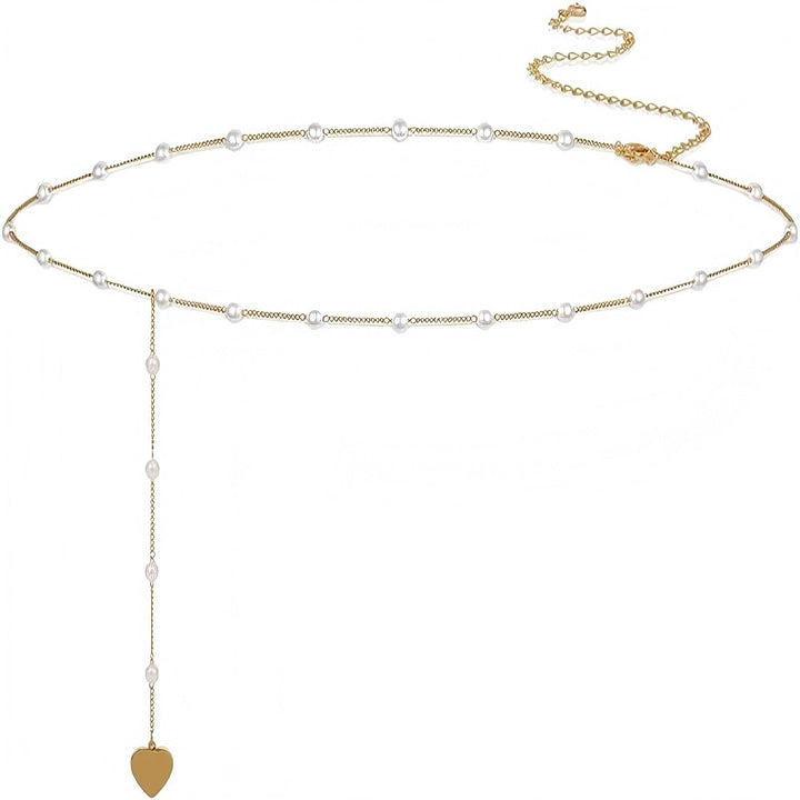 Adjustable gold belly chain for women, featuring dainty pearl & heart charms. Perfect body chain for summer style.