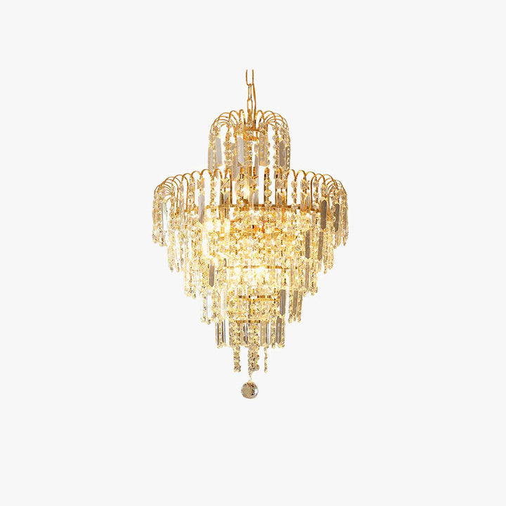 Elegant gold & crystal tiered chandelier. Luxurious lighting fixture for classic home decor, enhancing any elegant space.