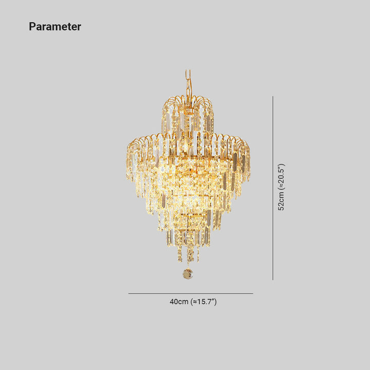 Multi-tiered gold crystal chandelier, sparkling beautifully. Provides luxurious & elegant ambient lighting for large spaces.