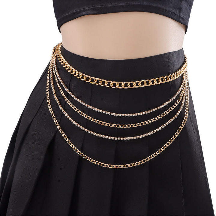 Elegant gold multi-layered body chain for women, a stylish fashion accessory. Perfect layered jewelry.