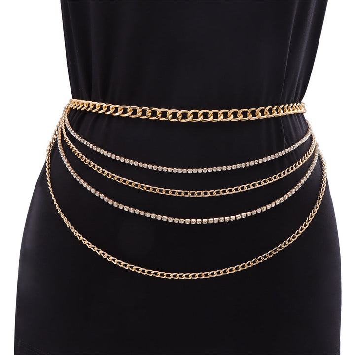 Delicate silver multi-layer body chain, adjustable women's jewelry. Chic and versatile fashion accessory.