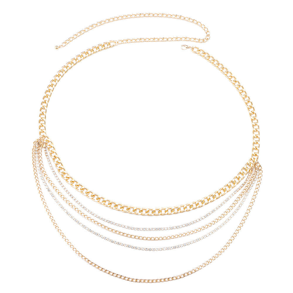 Chic multi-strand gold body chain, elegant women's layered jewelry. A versatile fashion accessory.