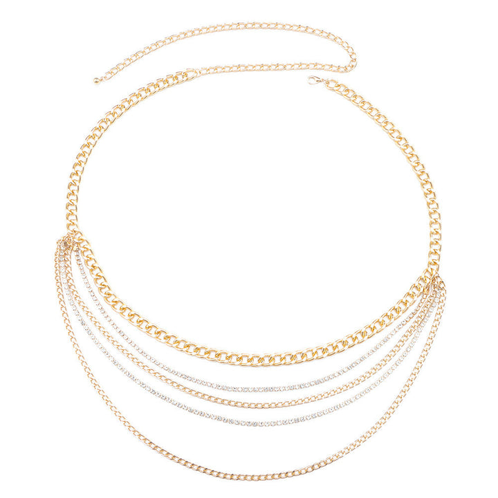 Chic multi-strand gold body chain, elegant women's layered jewelry. A versatile fashion accessory.