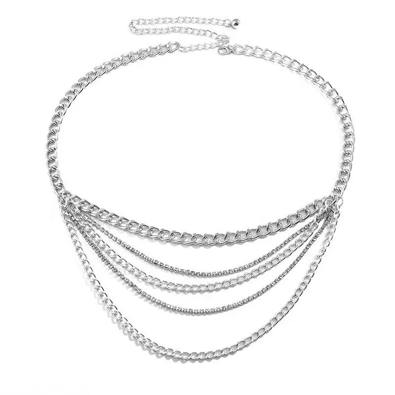 Exquisite multi-layered gold body chain, women's elegant fashion accessory. Adjustable layered jewelry.