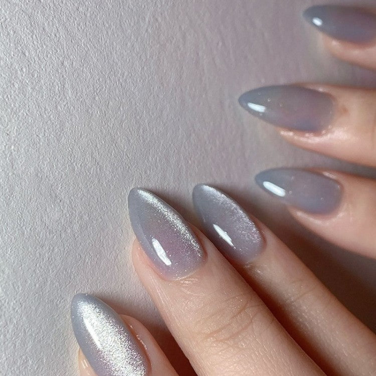 Elegant gray stiletto press-on nails for women, perfect for a quick, stylish instant manicure.
