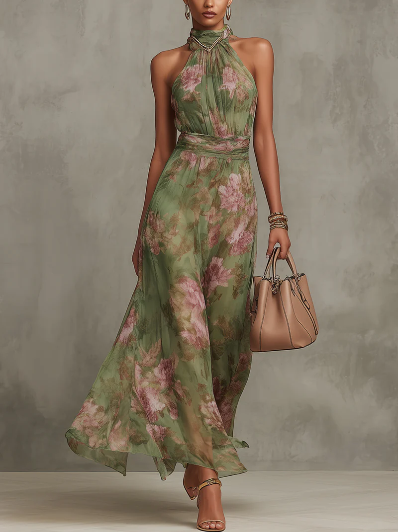 Elegant green boho maxi dress for women, perfect for wedding guests & special occasions. Halter neck, A-line silhouette.