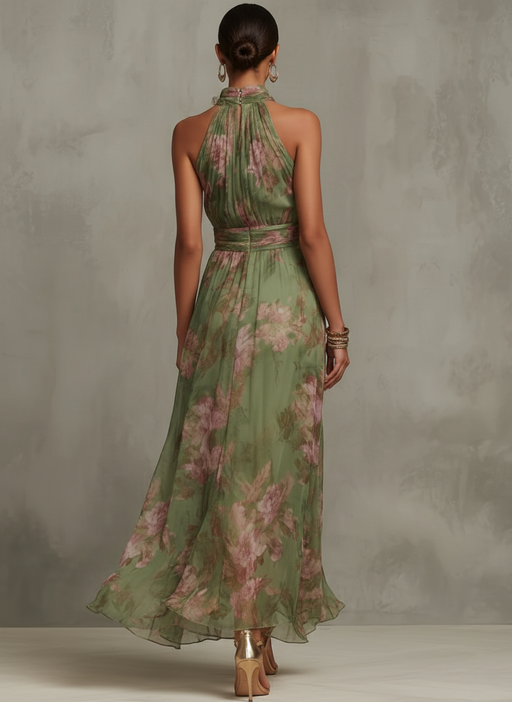 Boho chic green maxi dress for women, elegant formal wear. Ideal wedding guest or party dress. Flowy evening attire.