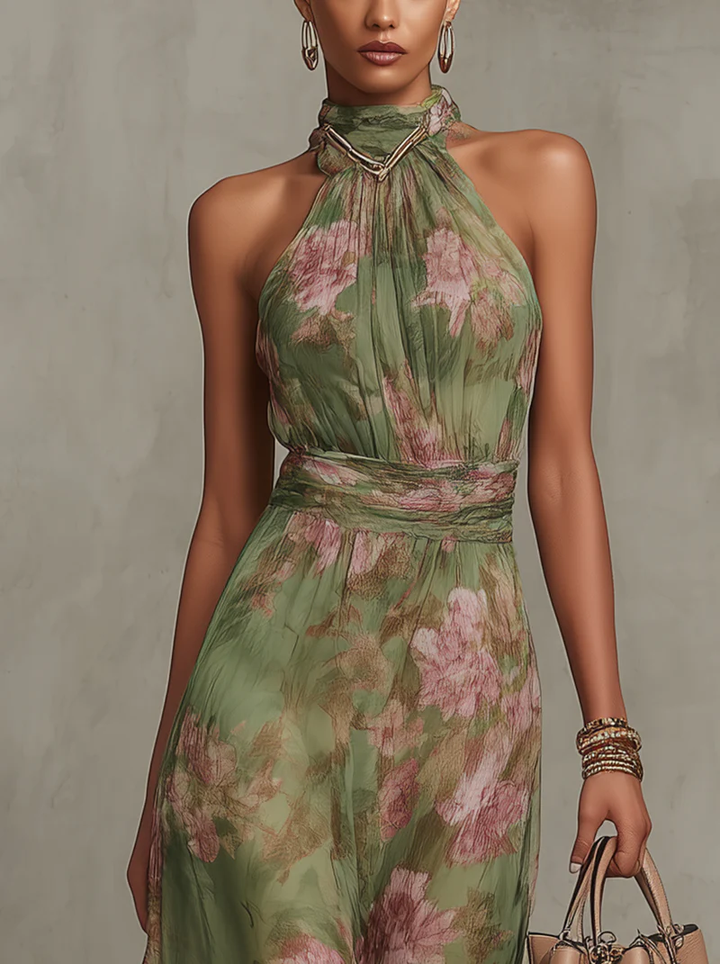 Women's green halter neck maxi dress, elegant boho style for wedding guests. A-line formal occasion & evening wear.