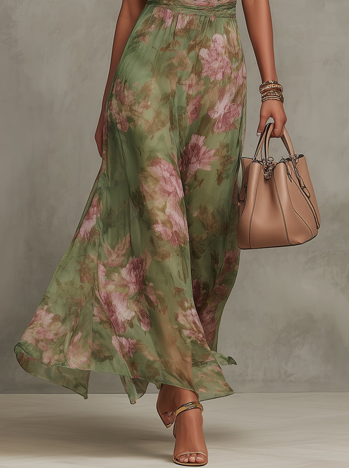 Stunning green boho maxi dress for women. Elegant & formal, suitable for wedding guests, parties, and special events.