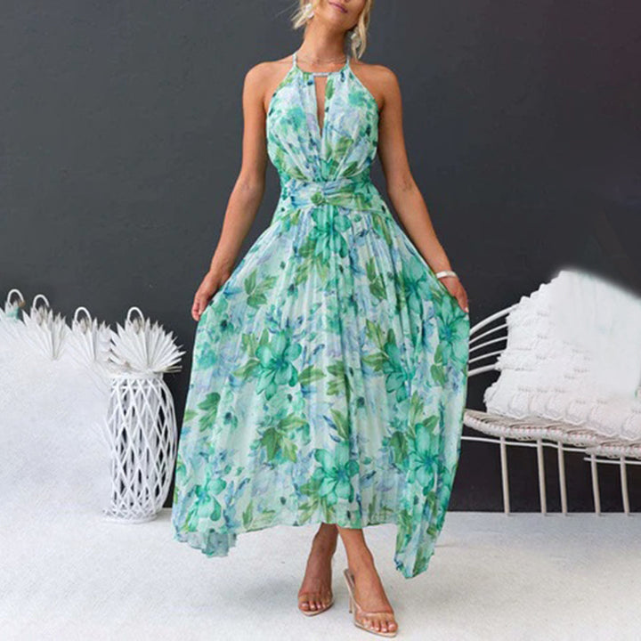 Women's elegant green floral halter maxi dress. Chic and comfortable for summer beach vacations.