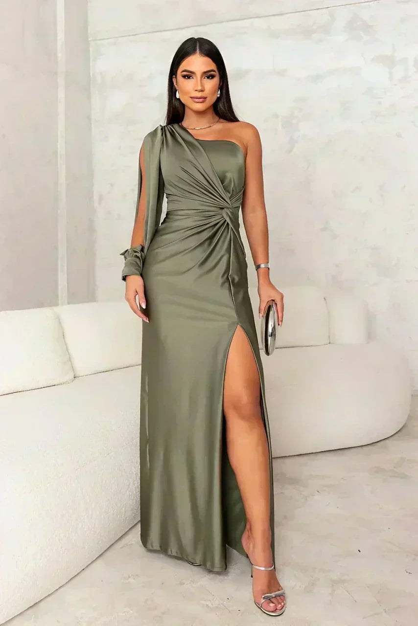 Elegant green one-shoulder maxi evening dress for women, perfect for formal events & special occasions.