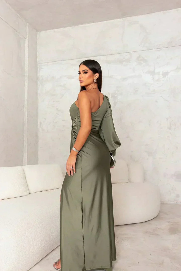 Women's black one-shoulder formal maxi dress, ideal for galas, parties, and elegant evening wear.