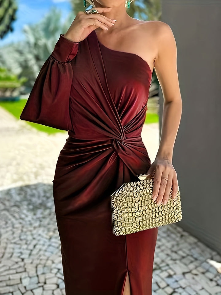 Black elegant one-shoulder maxi dress for women, a sophisticated long formal gown for special occasions.