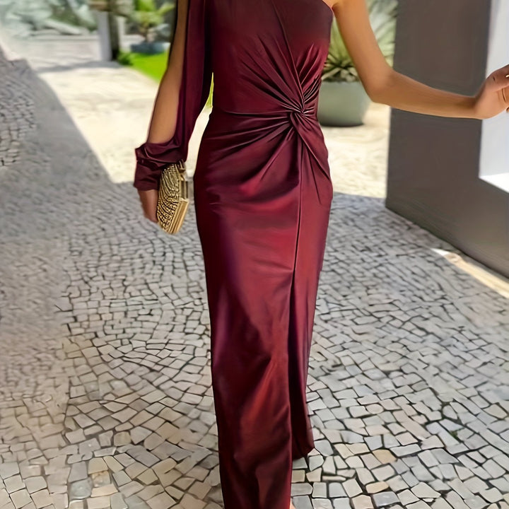 Sleek blue one-shoulder maxi evening gown for women, a formal and elegant long dress for parties.