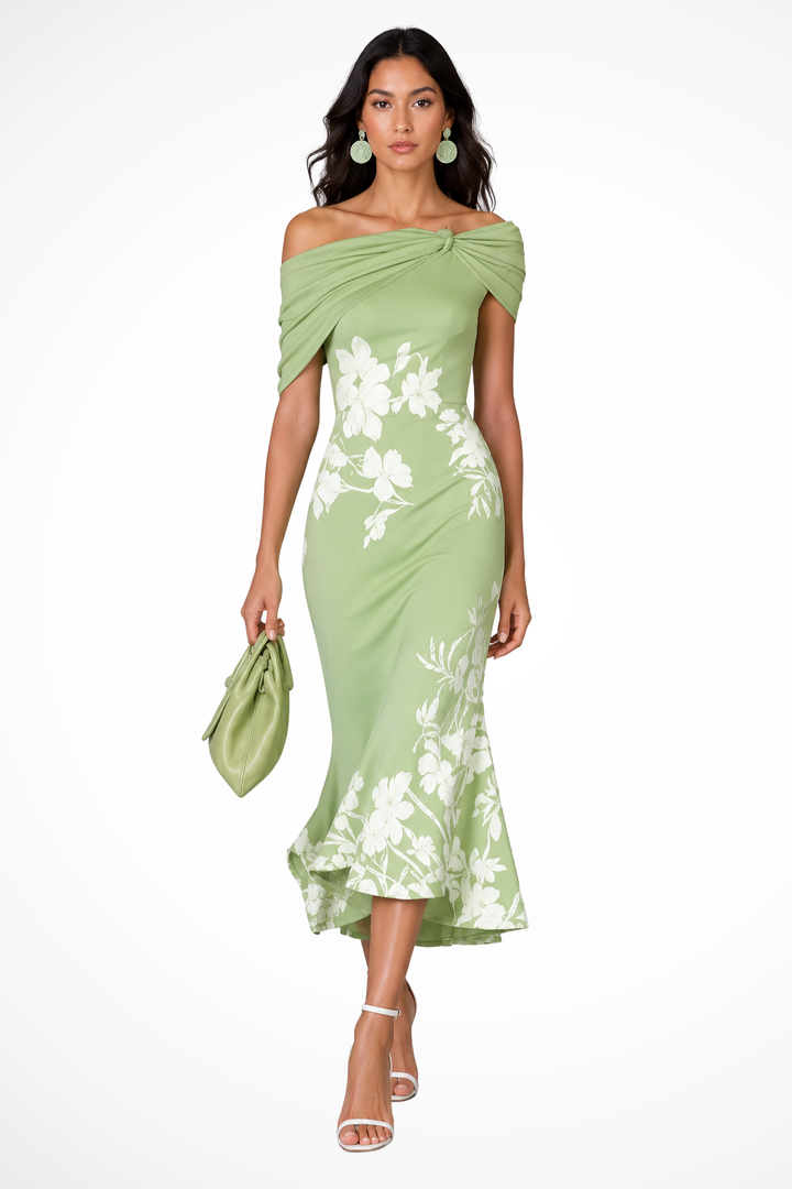Elegant green women's off-shoulder floral midi dress, perfect for wedding guests & parties. Flowing, chic.