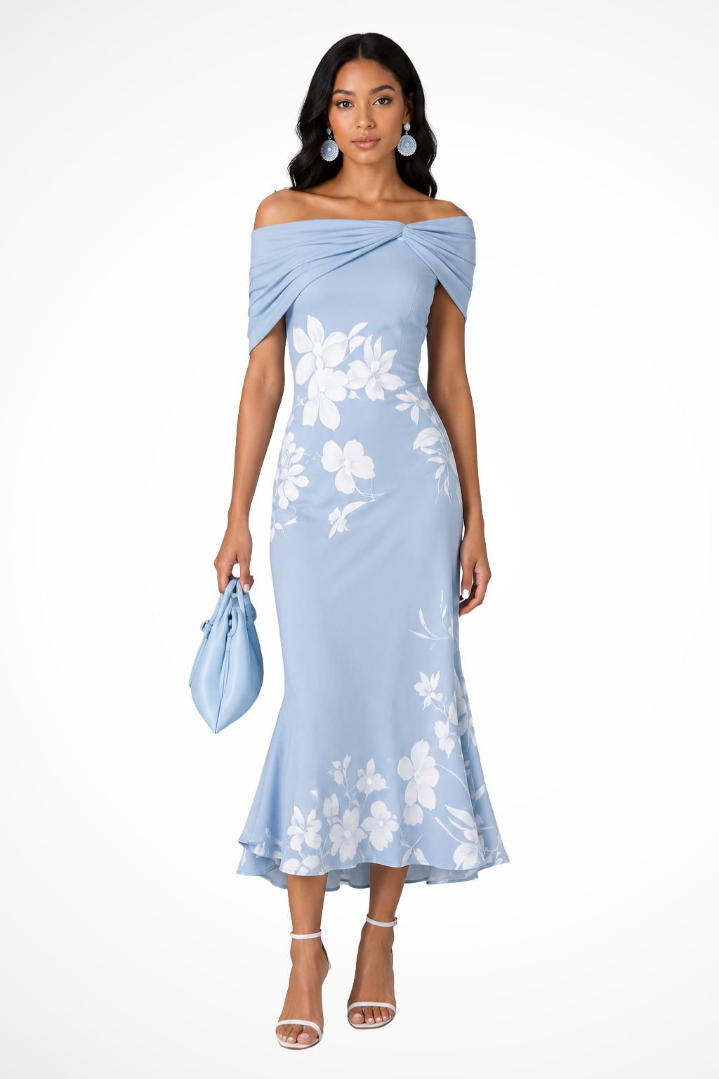 Chic blue floral off-shoulder midi dress for women, ideal for spring & summer special occasions & parties.